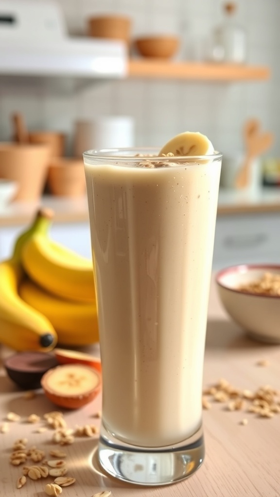 A tall glass of oat milk smoothie with banana slices and granola, set in a bright kitchen.